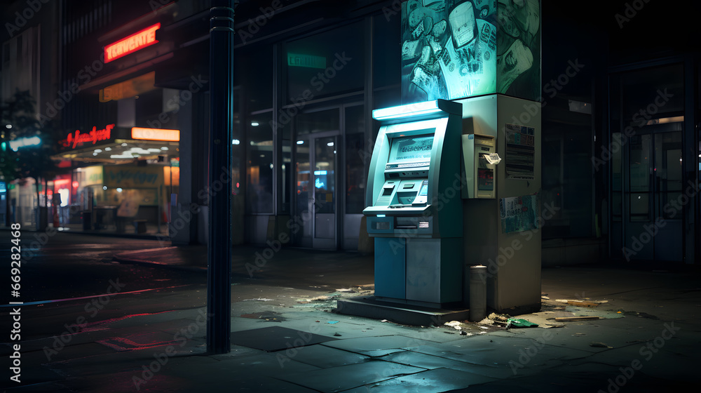 ATM on the street at night. The concept of 24/7 access to money in your bank account. ATM on the street at night. The concept of 24/7 access to money in your bank account.