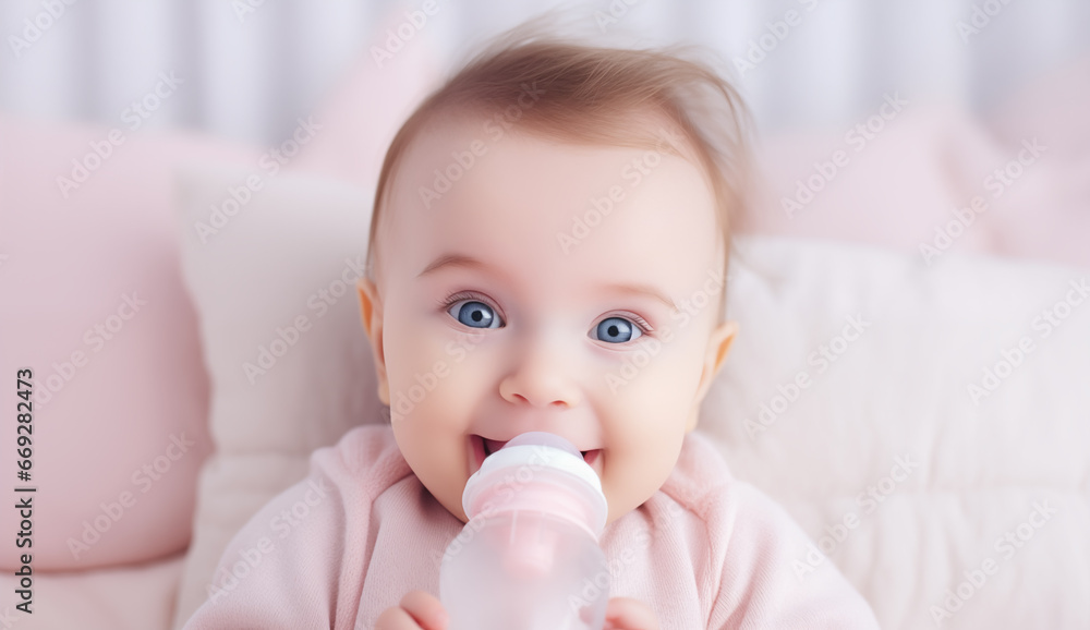 Adorable 7 month old baby in bed with a milk bottle Adorable 7 month old baby in bed with a milk bottle