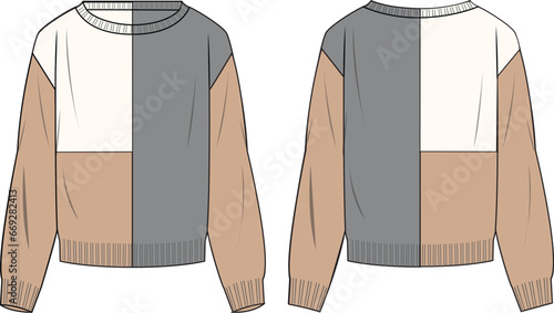 Women's Colour-block Sweater- Technical fashion illustration. Front and back, colored. Women's CAD mock-up.