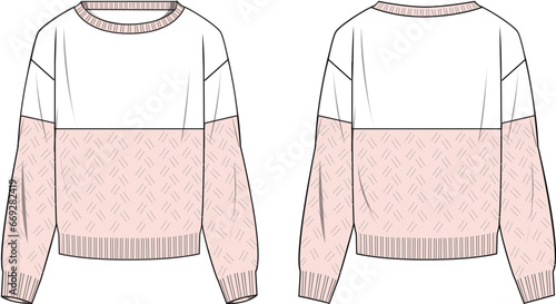Women's Drop Shoulder Colour-block Half Cable Jumper. Technical fashion illustration. Front and back, colored. Women's CAD mock-up.