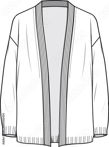 Women's Edge to Edge Cardigan. Technical fashion illustration. Front, white color. Women's CAD mock-up.