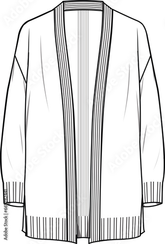 Women's Edge to Edge Cardigan. Technical fashion illustration. Front, white color. CAD mock-up.	