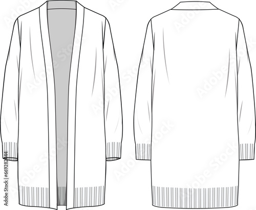 Women's Long Line Cardigan. Technical fashion illustration. Front and back, white color. Women's CAD mock-up.