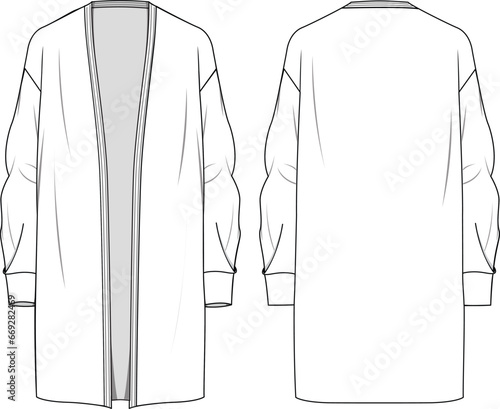 Women's Tuck Sleeve Cardigan. Technical fashion illustration. Front and back, white color. Women's CAD mock-up.