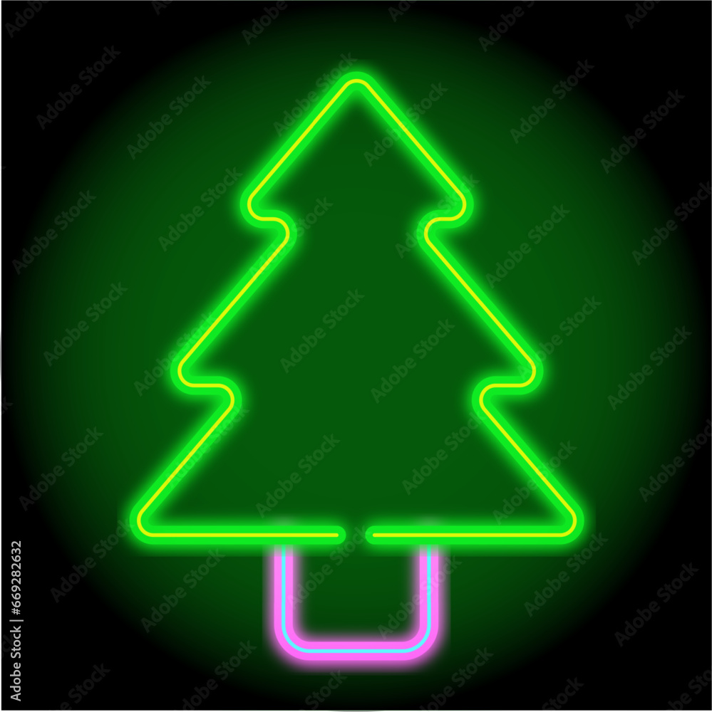 Fototapeta premium Green Christmas tree with neon glow on a black background vector. Design element for decoration of Christmas holidays and New Year
