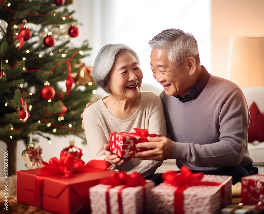 Photo of Happy senior couple exchanging Christmas presents during the day at home. Elderly woman giving present to her beloved husband. Gray hair couple celebrating New Year, multiethnic Photo of Happy senior couple exchanging Christmas presents during the day at home. Elderly woman giving present to her beloved husband. Gray hair couple celebrating New Year, multiethnic