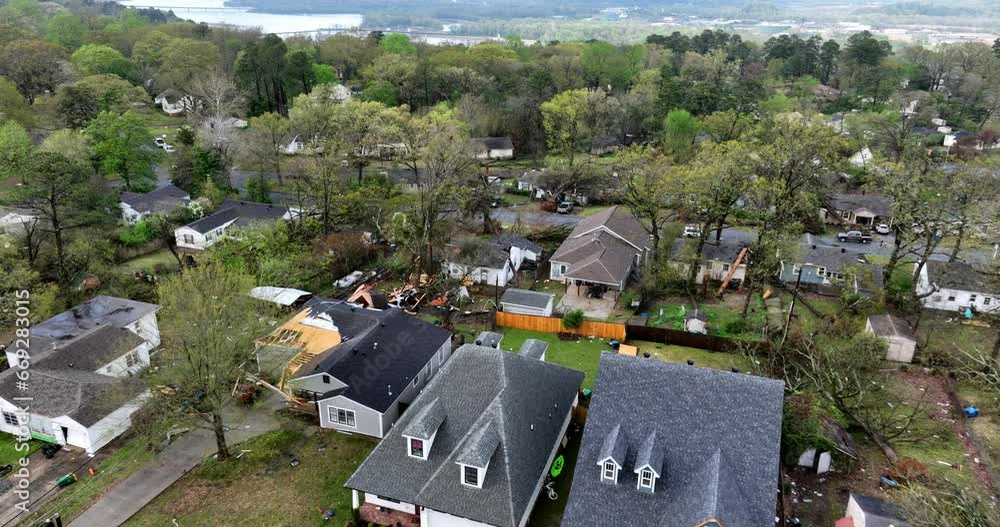 Aerial Shot Of Damaged Houses And Trees With Drone Descending Over Residential District - Little Rock, Arkansas Aerial Shot Of Damaged Houses And Trees With Drone Descending Over Residential District - Little Rock, Arkansas
