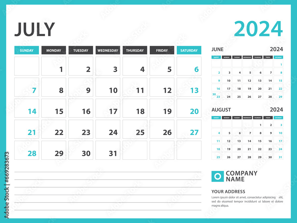Monthly calendar template for 2024 year. July 2024 year, Week Starts on Sunday, Desk calendar 2024 design, Wall calendar, planner design, stationery, printing media, advertisement, vector Monthly calendar template for 2024 year. July 2024 year, Week Starts on Sunday, Desk calendar 2024 design, Wall calendar, planner design, stationery, printing media, advertisement, vector