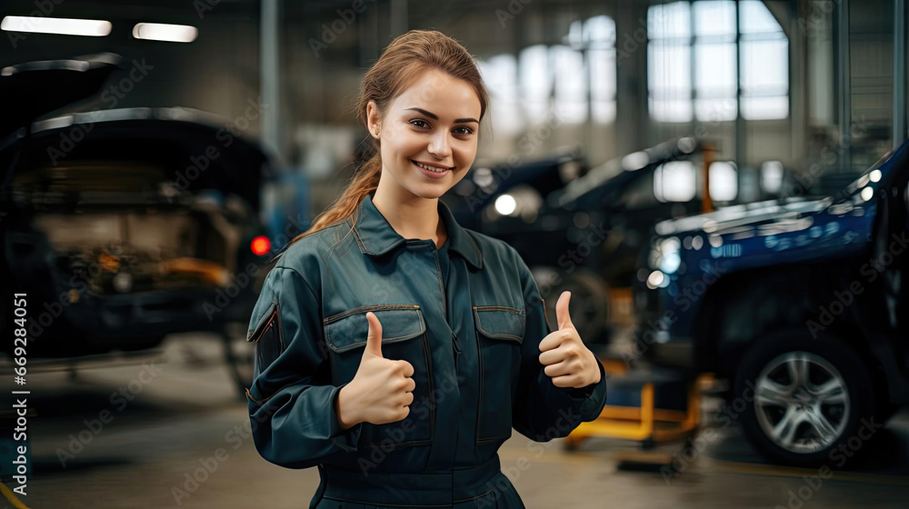 Young beautiful woman in mechanic costume in auto repair shop - obrazy, fototapety, plakaty 