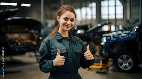 Young beautiful woman in mechanic costume in auto repair shop photo