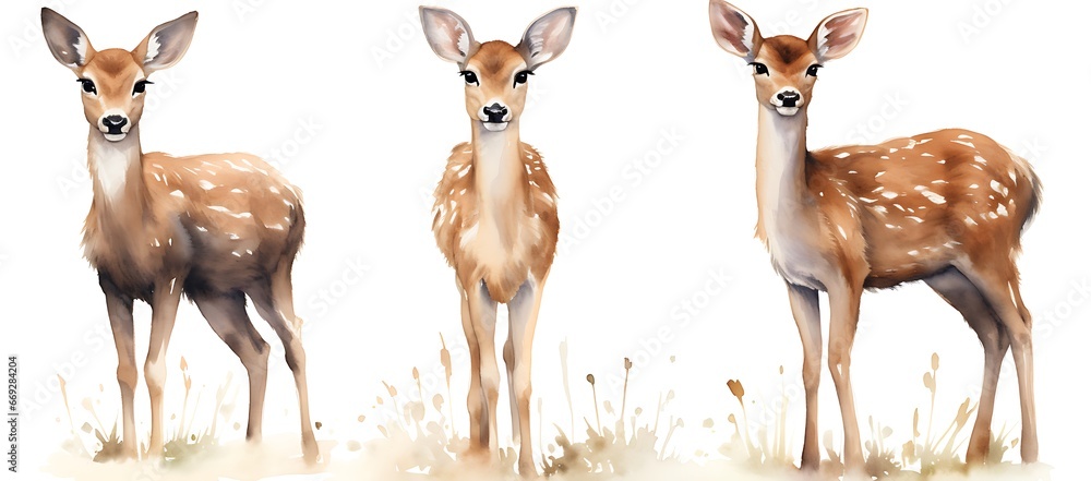 Fototapeta premium Fawns isolated on a white background. Watercolor illustration.