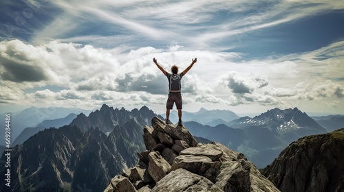 A man stands on the top of a mountain with his hands raised