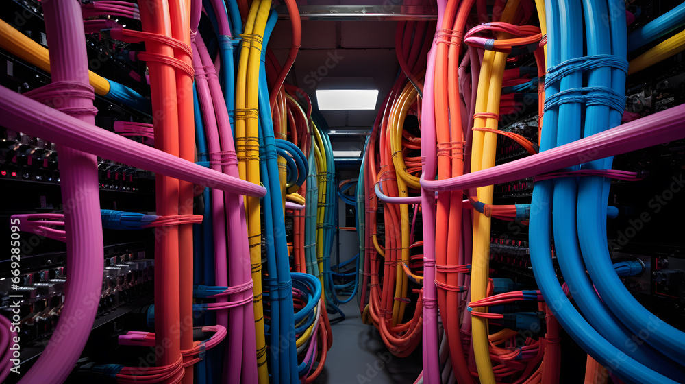 Ideal cable management in the server room. The result of the work done by the system administrator with a large number of colored wires
