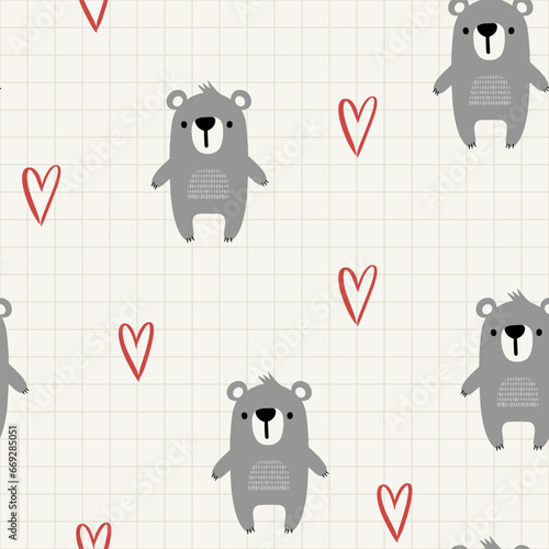 cute hand drawn grey teddy bears with red hearts on a light beige pastel background, kids seamless pattern for textile, or valentines day wrapping paper design