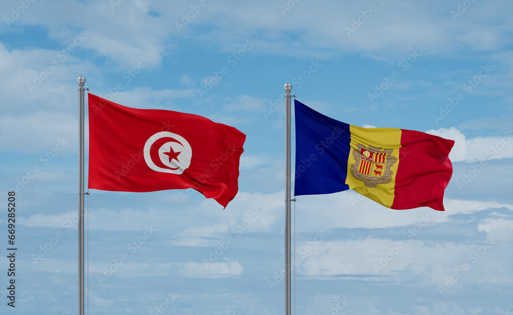 Tunisia and Andorra national flags, country relationship concept Tunisia and Andorra national flags, country relationship concept