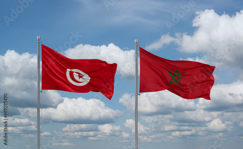 Morocco and Tunisia flags, country relationship concept