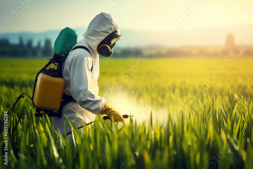 Person wearing a white safety suit spraying pesticide in the grass