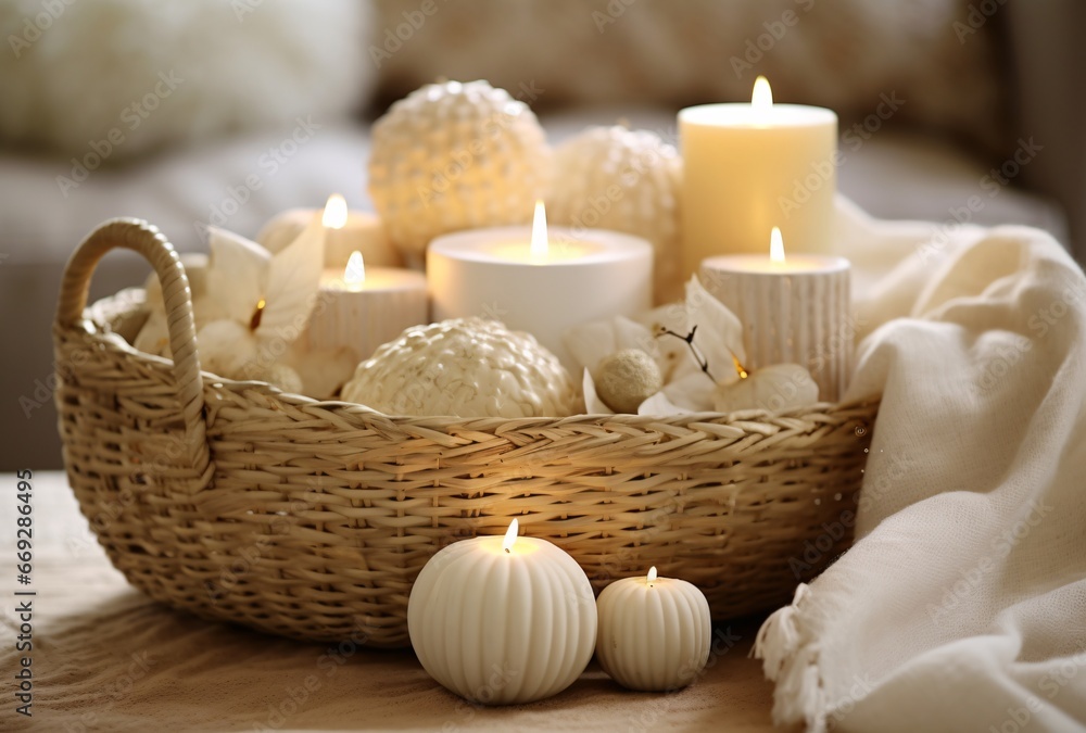 a group of candles in a basket surrounded by white