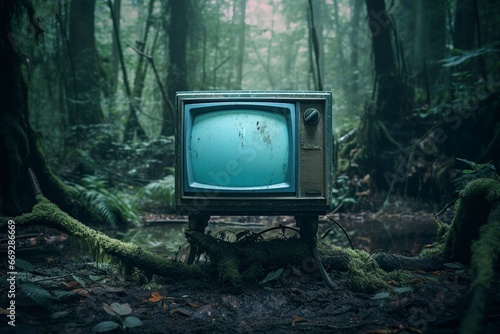 old television with blue tone in the forest