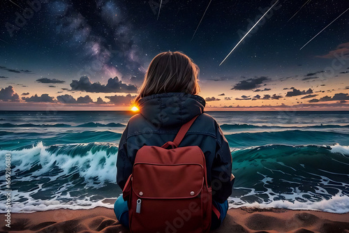 AI generated image of a girl, sitting on the ocean shore. Sunrise or sunset and starry sky.