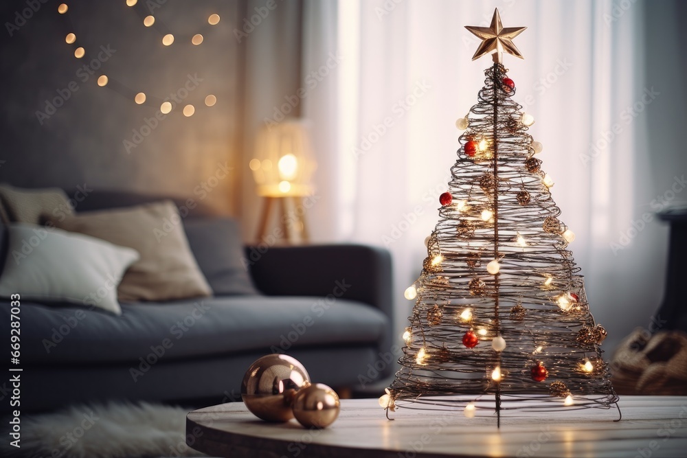 Fototapeta premium New year living room interior with grey sofa and pillows, window and handmade christmas tree made of wire decorated with glowing garland, balls, star on table closeup. Zero waste, eco friendly