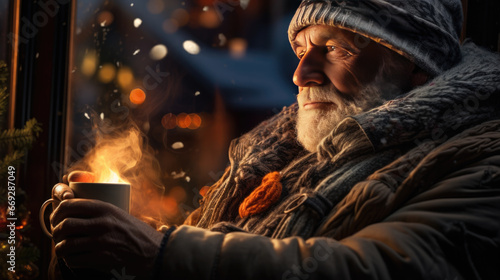 An old man drinks a hot tea in winter
