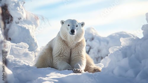 A large polar bear in the snow