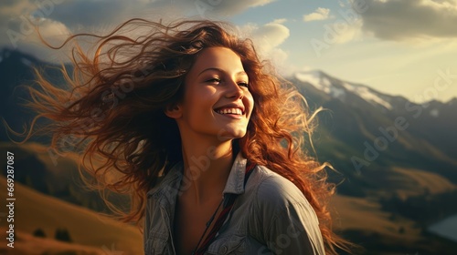 Young joyful woman with loose hair in nature