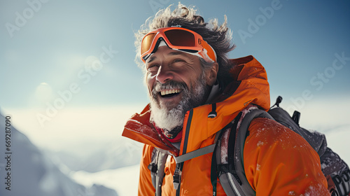 A man with a beard and snow goggles on a peak © jr-art
