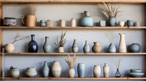 vases on shelves on wooden, light indigo and brown, naturalistic settings, soft tonal range, diverse color palette, quirky pottery, soft and dreamy atmosphere