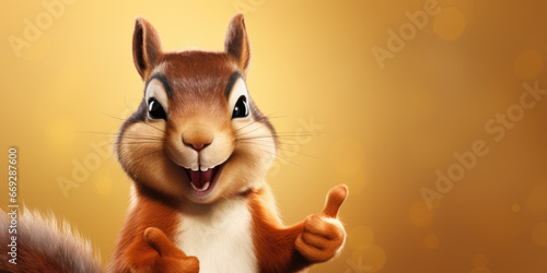 This charming squirrel shows approval with a thumbs-up in a wide banner, offering ample space for text or content.