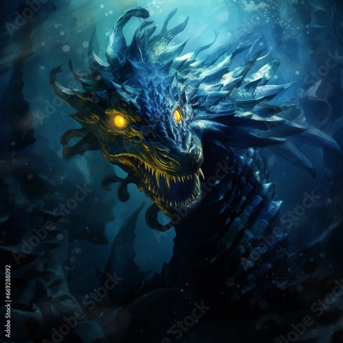 Deep ocean underwater swimming dragon animal illustration image AI generated art