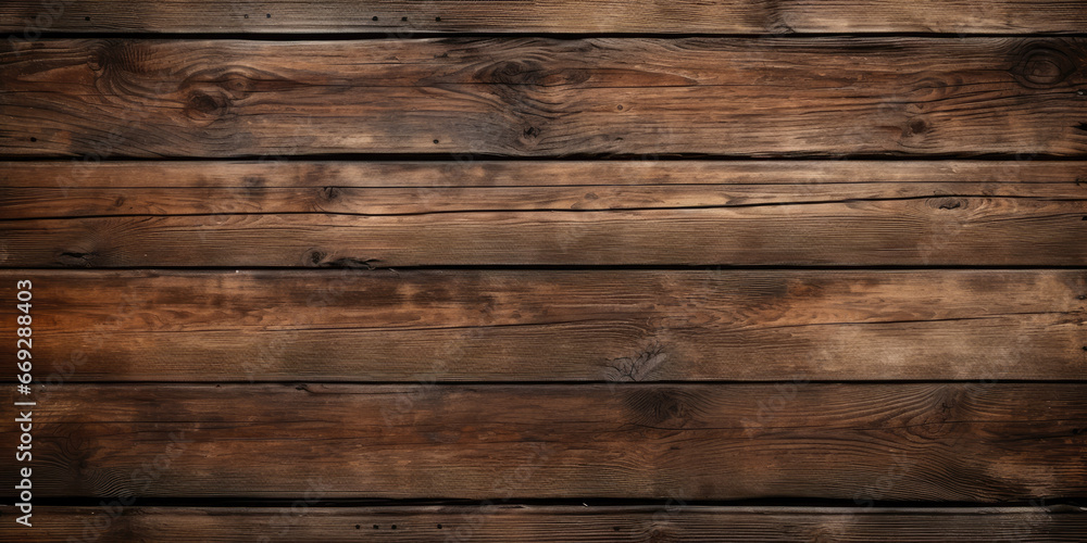 Fototapeta premium An aged, grunge-style wooden timber texture in rustic brown, suitable for backgrounds on walls, floors, or tables.