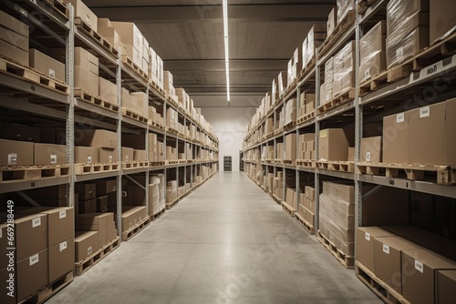 clean warehouse with shelves and cardboard boxes