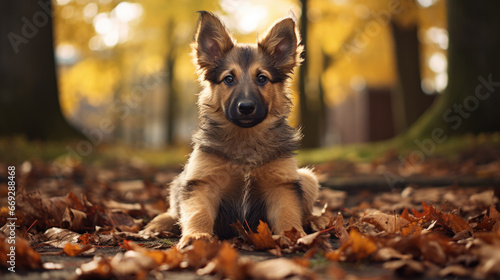 A German Shepherd puppy sits in an autumn forest