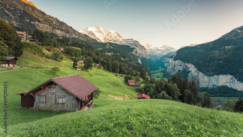 View from Wengen mountain village and Lauterbrunnen valley with Jungfrau mountain in the evening at Bern, Switzerland