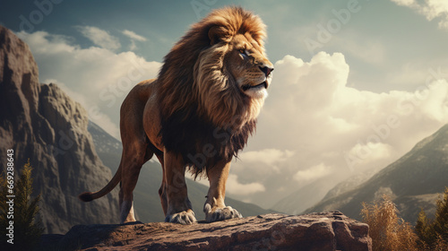 lion standing at the peak of mountain