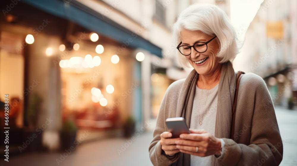 This portrait features a joyful 60-year-old woman with her smartphone, showcasing her tech-savvy nature. This portrait features a joyful 60-year-old woman with her smartphone, showcasing her tech-savvy nature.
