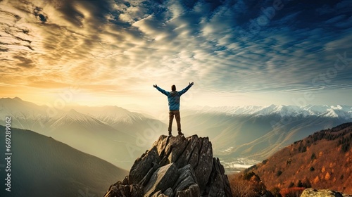 A man stands on the top of a mountain with his hands raised