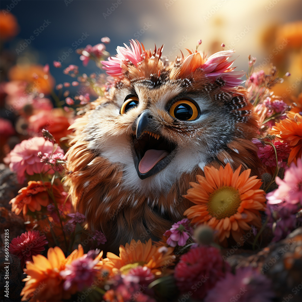 Detailed fairy little owl among flowers in a meadow, colorful spring fairytale. 3d rendering cartoon, cute bizarre night bird, intricate feathers and funny wide open beak. whimsical wildlife poster