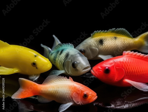 Group of colorful tropical fishes in dark oceanic waters. 