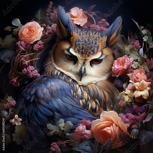 a fairy tale detailed fable owl sleeps among flowers and foliage, poetic 3d illustration of a nocturnal bird, blue feathers. Artistic baroque decoration, romantic fairytale poster on wildlife dream
