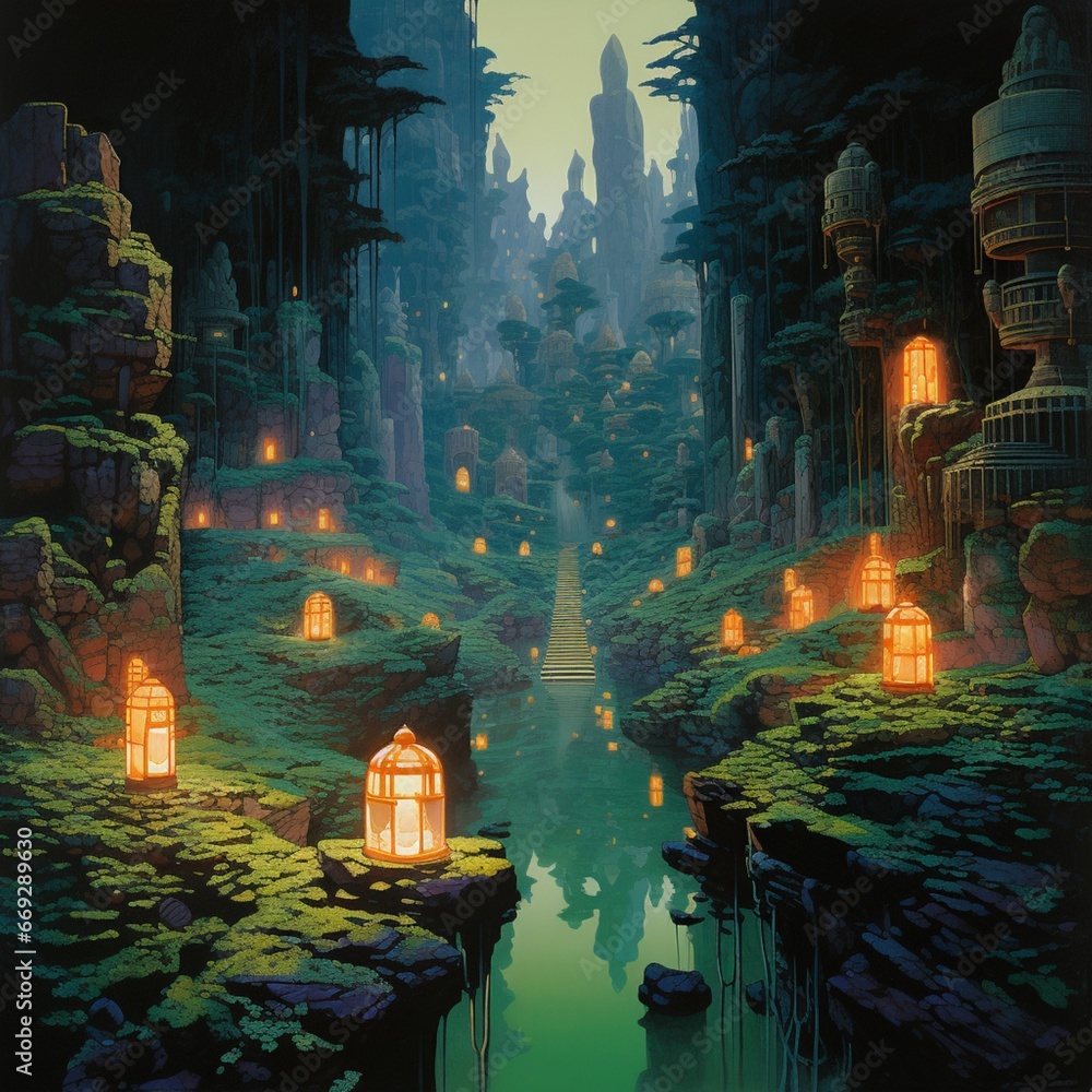 Obraz premium Ethereal glowing lanterns light mossy stone path photography image AI generated art