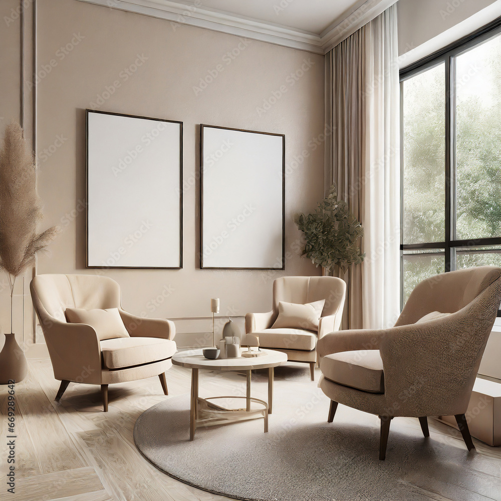 Empty blank poster frames mock up in modern living room interior in light beige tones with 2 armchairs and table, 3d render Empty blank poster frames mock up in modern living room interior in light beige tones with 2 armchairs and table, 3d render