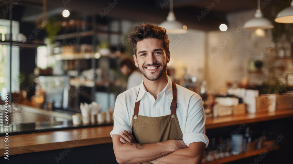 Male Barista at Coffee Shop Counter Male Barista at Coffee Shop Counter