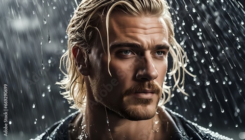 close up cinematic portrait of a handsome blonde man under the rain 