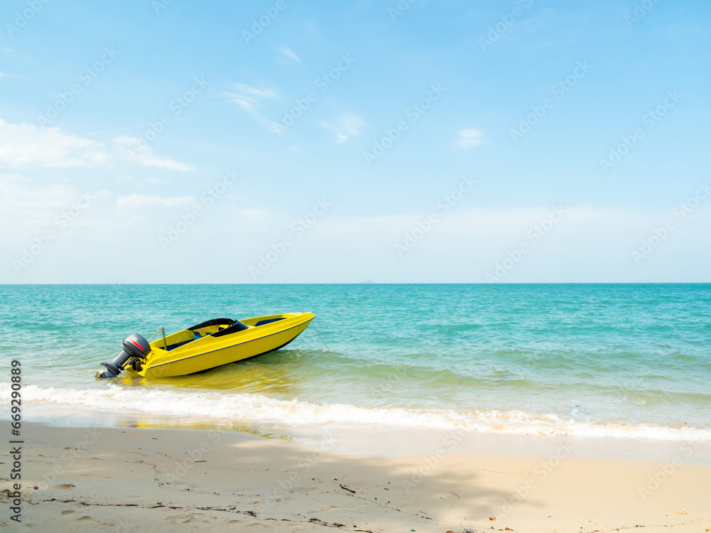 Landscape summer View area in front of Nara Beach In Chon Buri province with clear skies and clouds, speed boats can be seen. Parked near the coast To serve tourists Landscape summer View area in front of Nara Beach In Chon Buri province with clear skies and clouds, speed boats can be seen. Parked near the coast To serve tourists