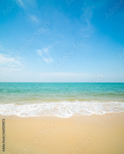 Landscape beautiful summer vertical front view relax tropical sea beach white sand clean blue sky background calm Nature ocean wave water nobody travel at SaiKaew Beach thailand Chonburi sun day time