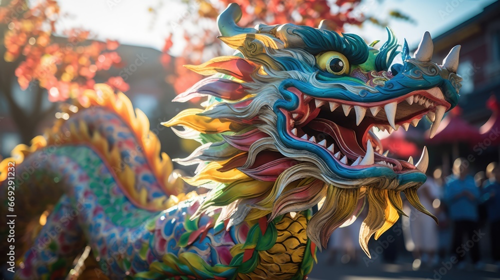 Close up of Chinese Dragon Head performing its traditional dragon dance festival. Chinese New Year celebration 2024..