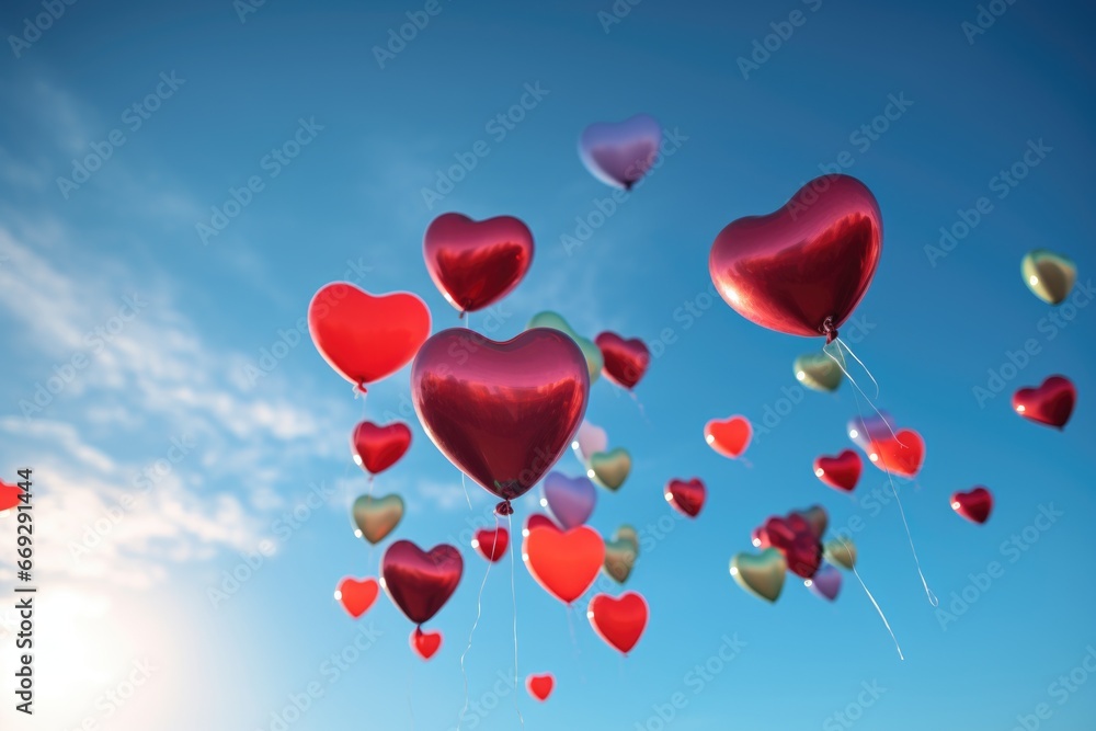 Heart-shaped balloons floating against a clear blue sky, symbolizing love and joy. The vibrant colors and floating balloons create a cheerful and festive atmosphere. Valentine's Day surprise.